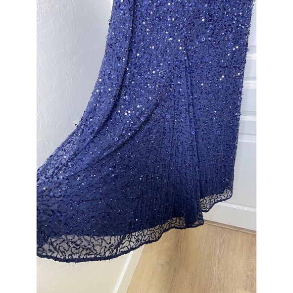 💙 ADRIANNA PAPPEL Navy Blue Sequin Embellished Beaded Gown w/ Train 0P Petite - Picture 5 of 7